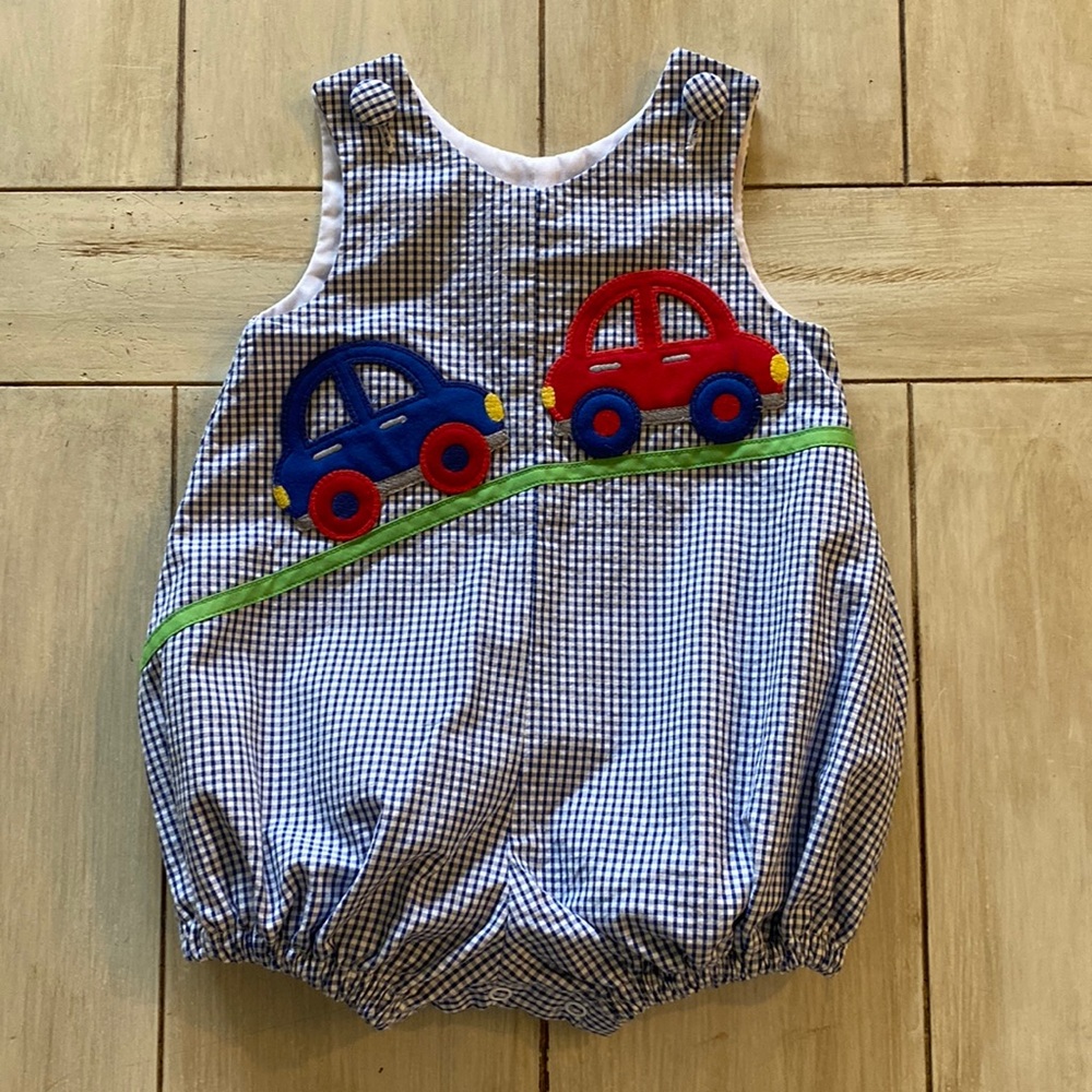 Zuccini Blue White Red Green Yellow Gingham Car Bubble Romper 6 Months